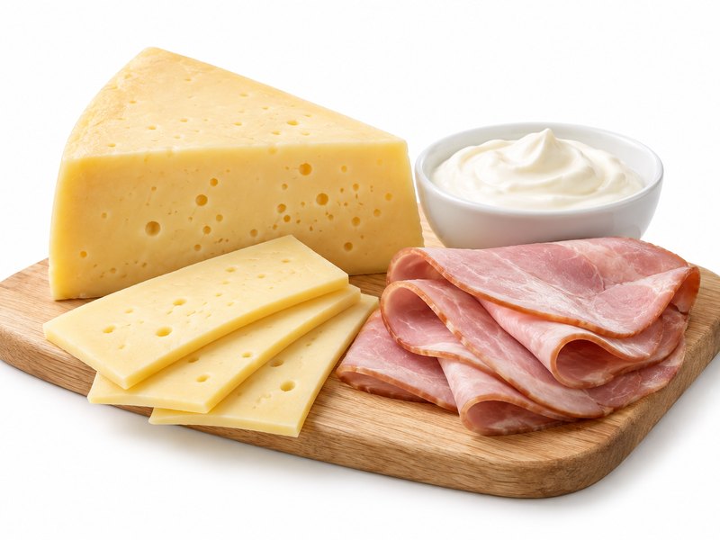 Queso, jamón y crema sobre tabla de madera