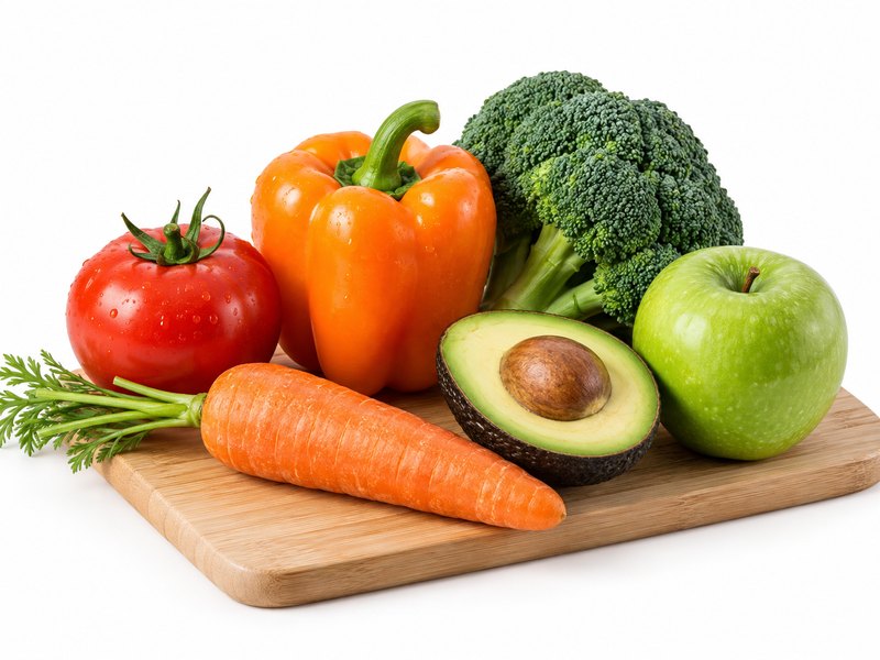 Jitomate, pimiento, brócoli, zanahoria, aguacate y manzana sobre tabla