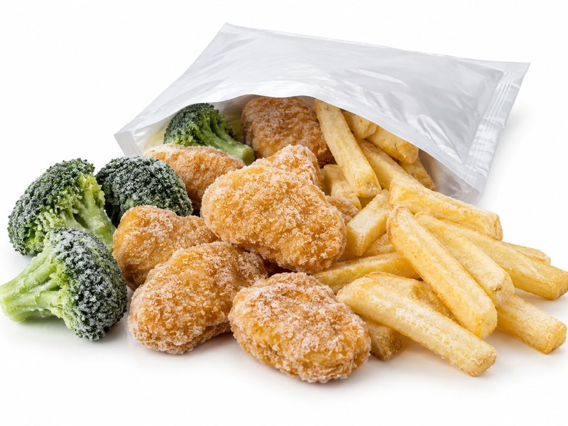 Nuggets, papas a la francesa y brócoli congelados