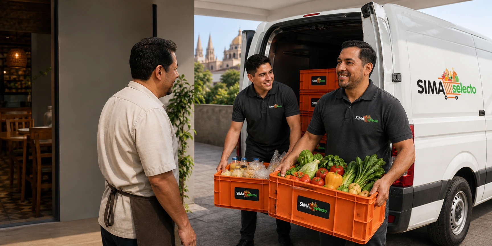 Repartidor de SIMA Selecto cargando cajas naranjas de producto en la camioneta de entrega