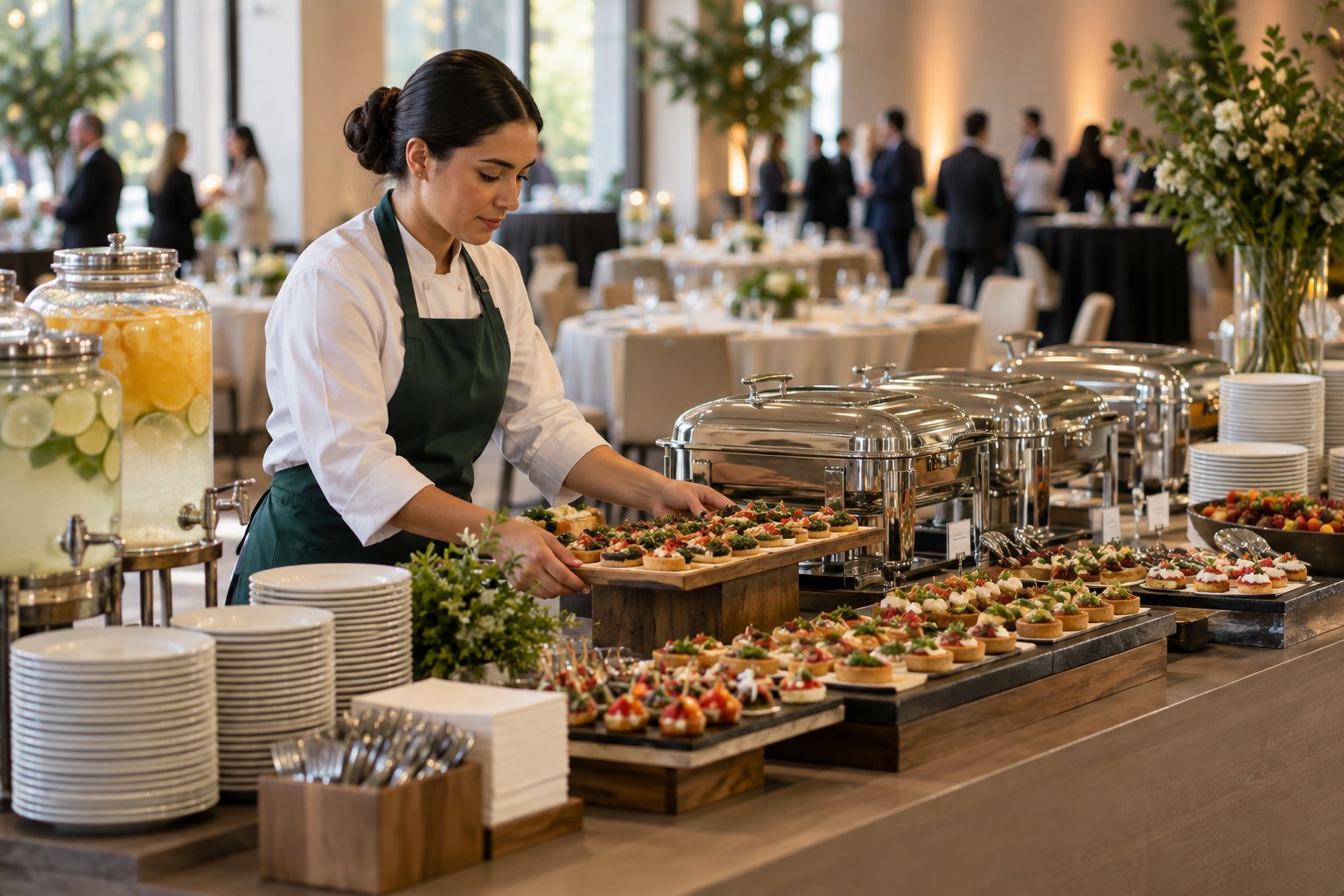 Chef de catering montando canapés en la mesa de un evento