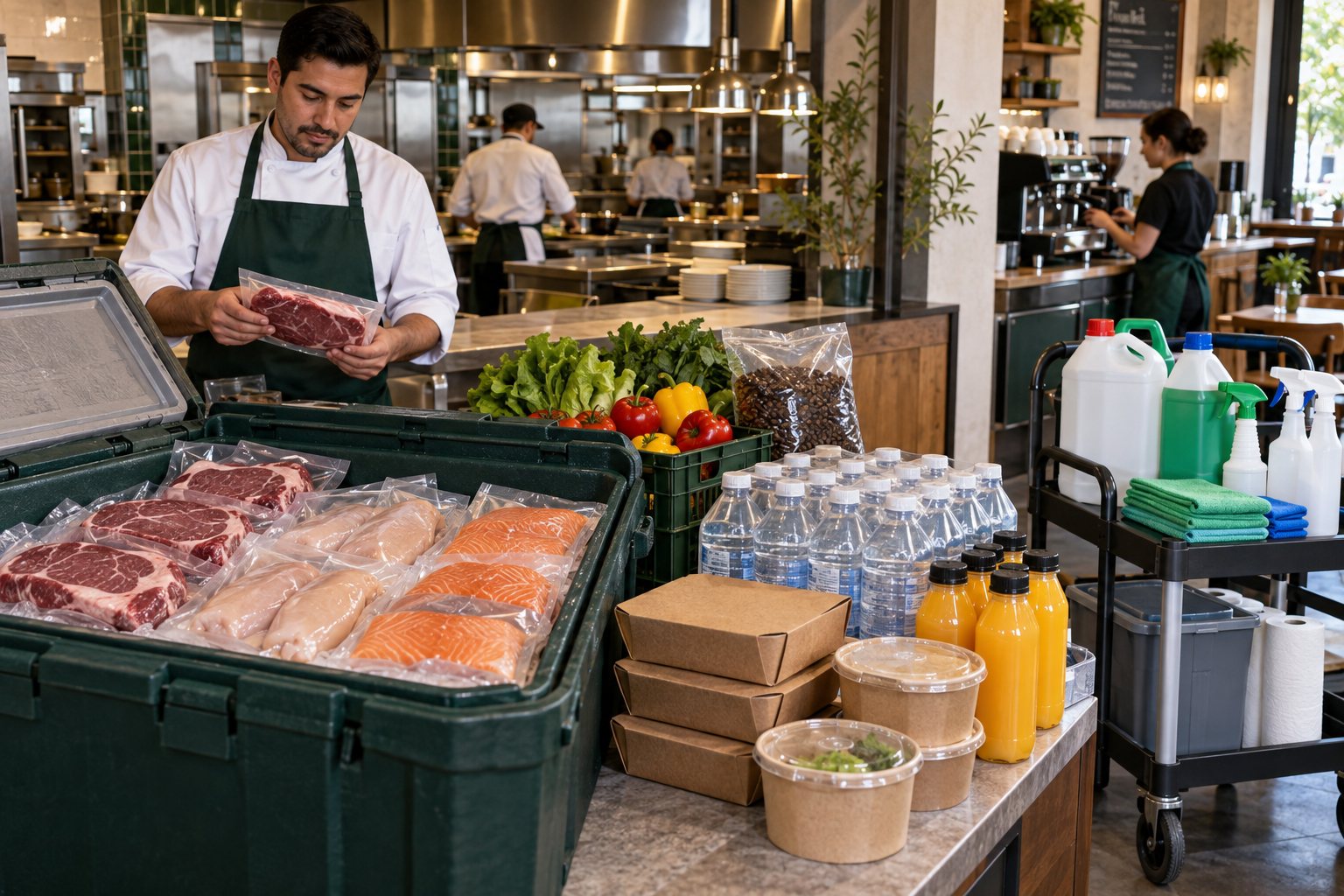Cocinero de restaurante revisando el pedido de SIMA Selecto: proteína, verdura, bebidas y desechables